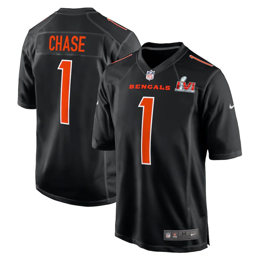 Men Cincinnati Bengals 1 JaMarr Chase Nike Black Super Bowl LVI Bound Game Fashion NFL Jersey